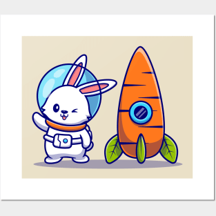 Cute Rabbit Astronaut With Carrot Rocket Posters and Art